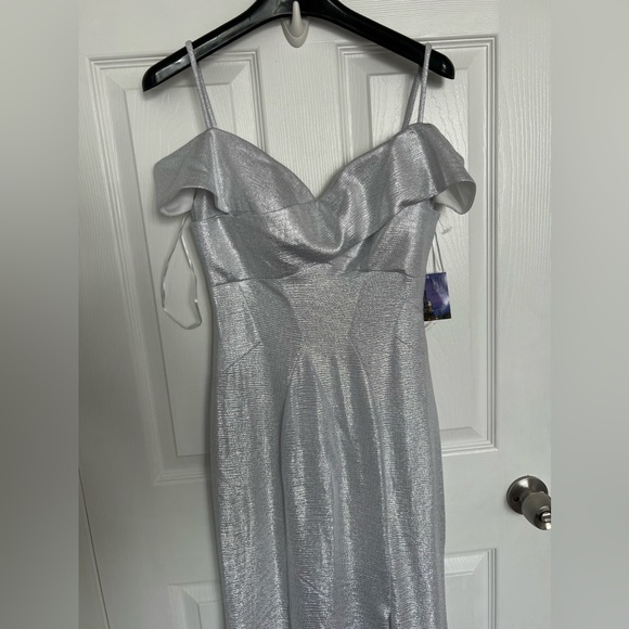 Nightway Long Off-the-Shoulder Metallic Open Leg Maxi Dress - Picture 5 of 14